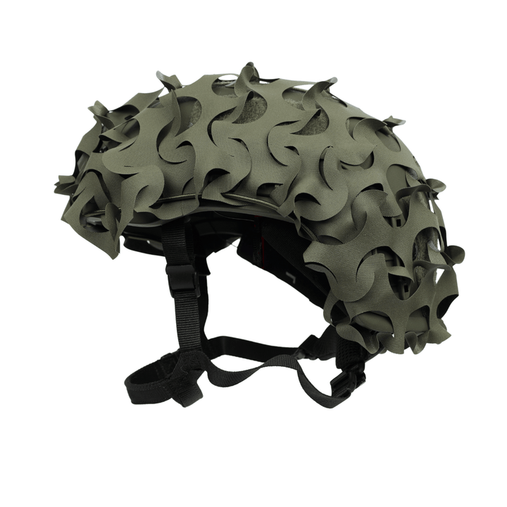 The OPE Gear Helmet Scrim is a camo helmet cover by OPE Gear in Ranger Green, designed for military ACH helmets. It features raised curved shapes for camouflage and is compatible with adjustable black chin straps and side buckles.