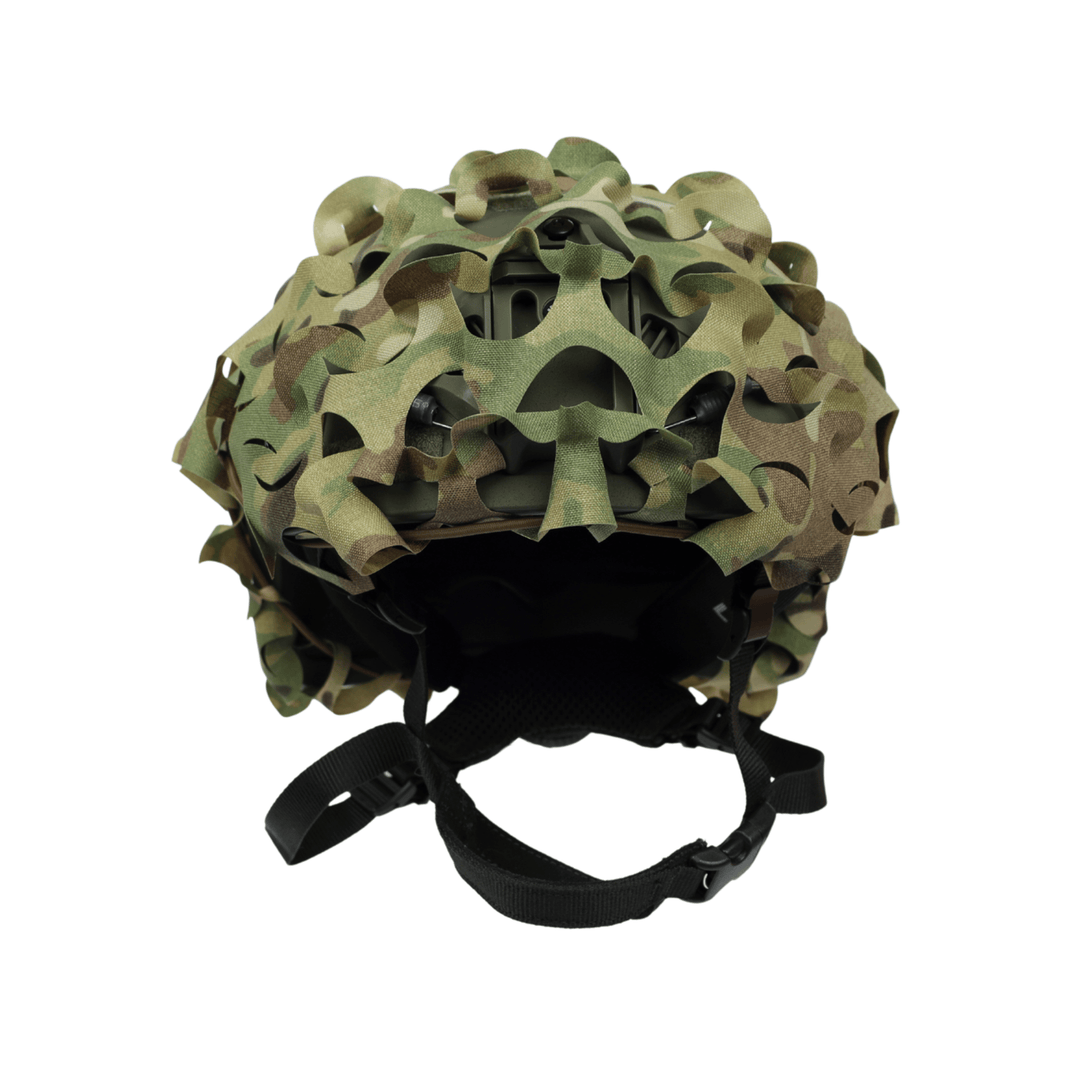 The OPE Gear Helmet Scrim – Camo Helmet Cover by OPE Gear is a military-style cover with irregular cut-out shapes, shown from the front on a helmet with black chin strap and tactical scrim, displayed on a white background.
