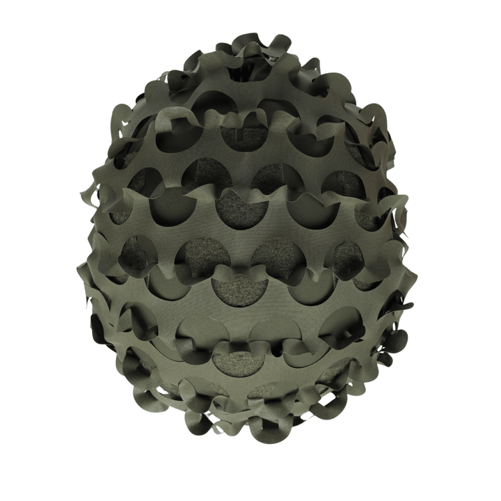 The OPE Gear Helmet Scrim - Camo Helmet Cover by OPE Gear is a dark green, spherical cover with interlocking, curved cutouts resembling camouflage and revealing a textured inner surface for a geometric, abstract look.