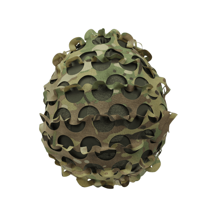 The OPE Gear Helmet Scrim - Camo Helmet Cover by OPE Gear is a spherical, multi-colored camouflage fabric with irregular cutouts designed to resemble tactical helmet scrims or ACH helmet accessories, shown on a white background.