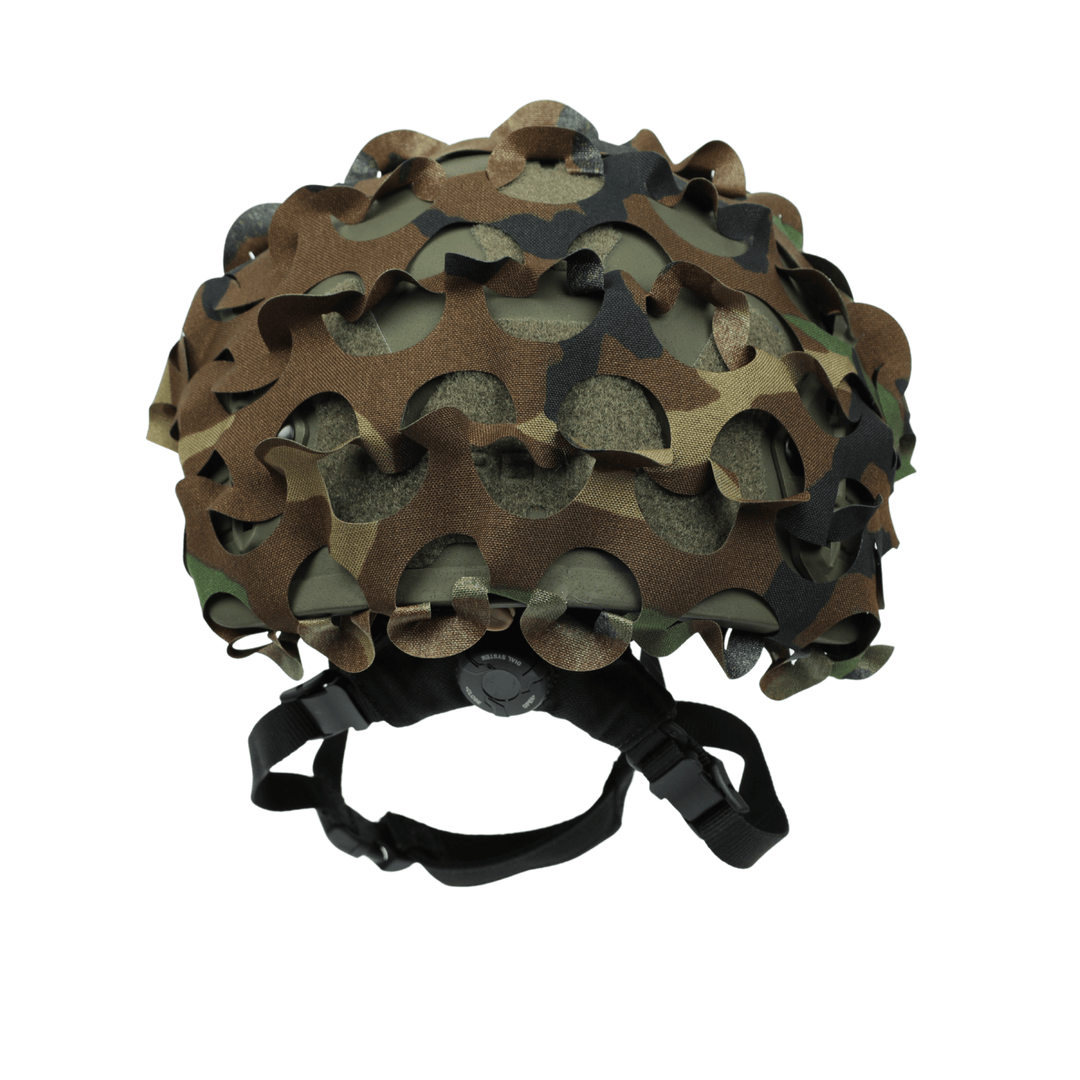 The OPE Gear Helmet Scrim - Camo Helmet Cover by OPE Gear offers irregular cutouts, an adjustable black chin strap, and is an essential ACH helmet accessory for greater tactical versatility.