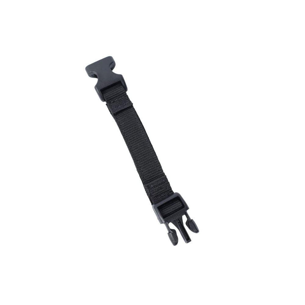The Premier Body Armor Fortis Ballistic Helmet Chin Strap Extender - Gas Mask Compatible is a black adjustable strap with plastic side-release buckles on each end, shown on a white background.