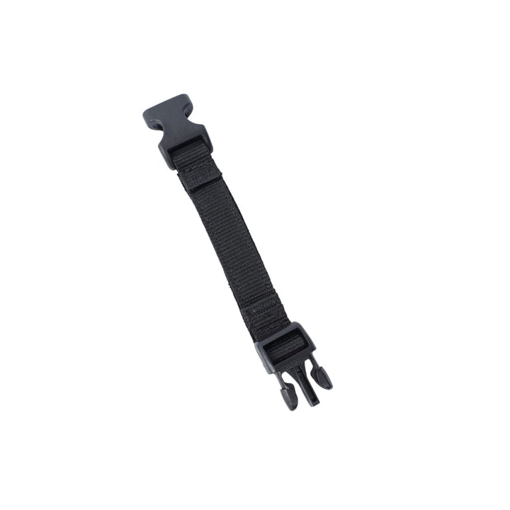 The Premier Body Armor Fortis Ballistic Helmet Chin Strap Extender - Gas Mask Compatible is a black adjustable strap with plastic side-release buckles on each end, shown on a white background.