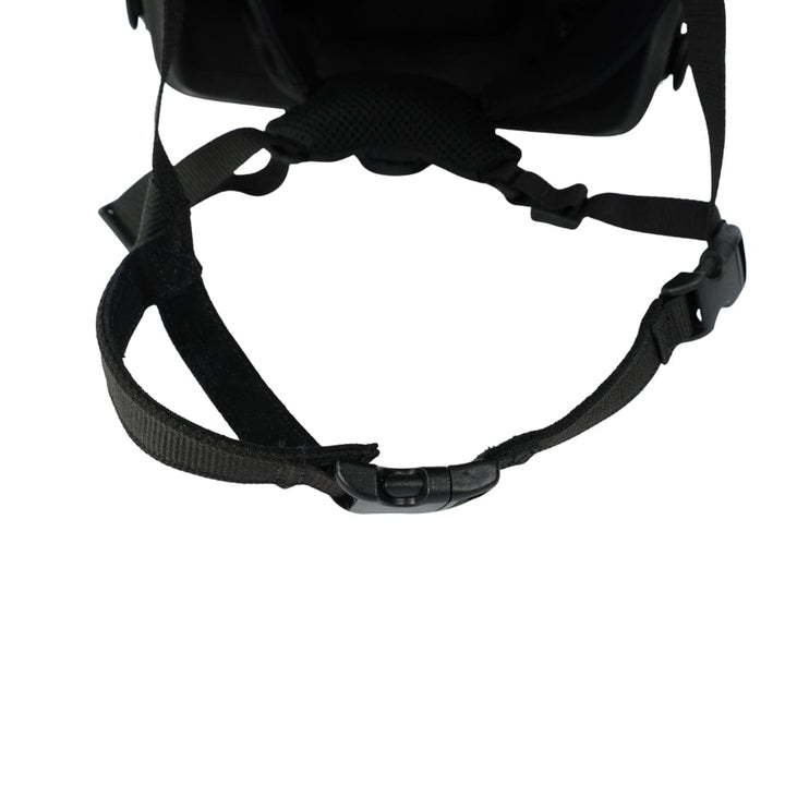 Close-up of the Premier Body Armor Fortis Ballistic Helmet Chin Strap Extender—gas mask compatible—showing its black adjustable strap with plastic buckle, attached to fabric against a white background.