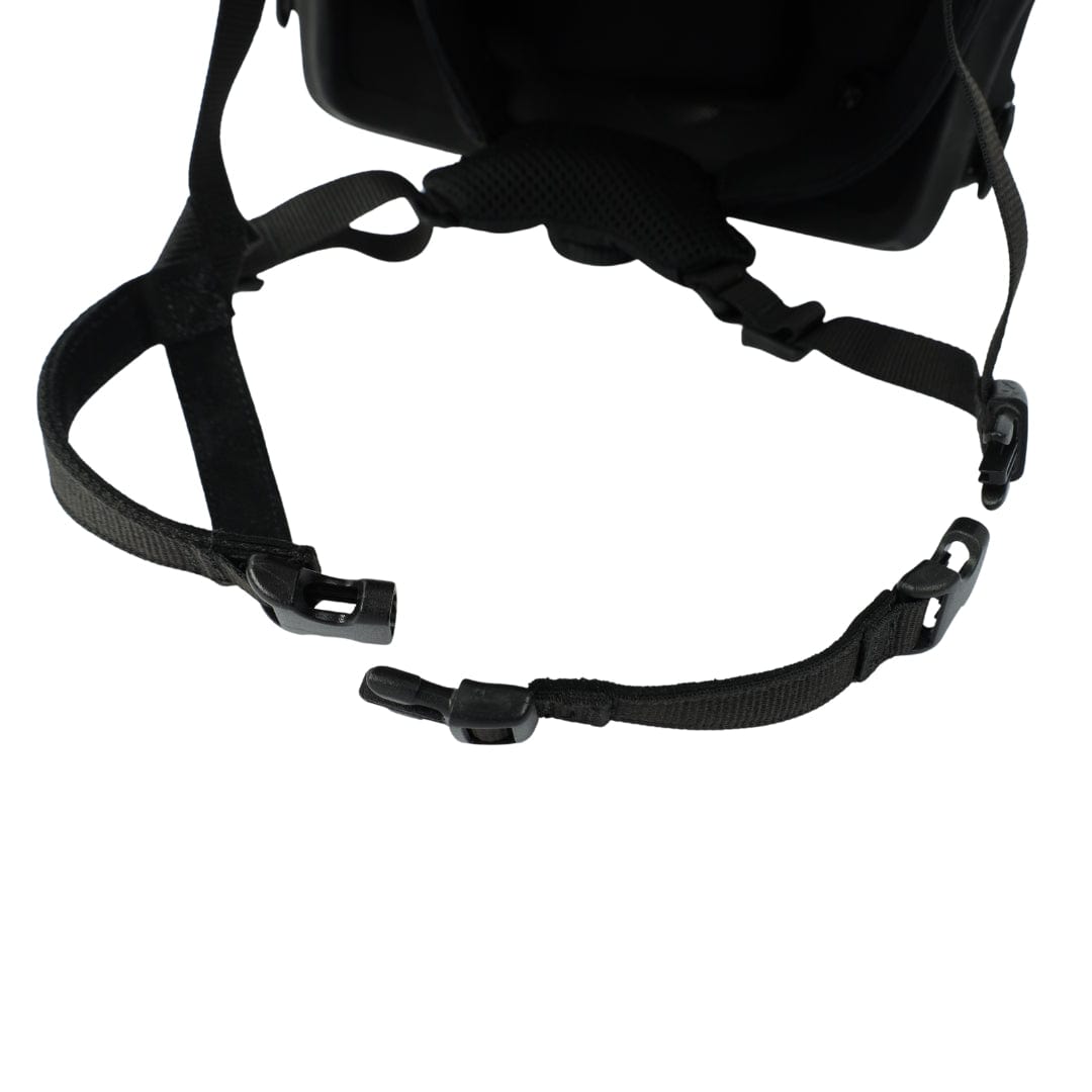 Close-up of the Premier Body Armor Fortis Ballistic Helmet Chin Strap Extender - Gas Mask Compatible, featuring plastic buckle fasteners on both ends, displayed against a white background.