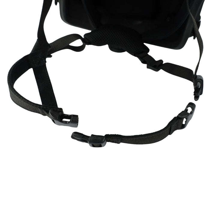 Close-up of the Premier Body Armor Fortis Ballistic Helmet Chin Strap Extender - Gas Mask Compatible, featuring plastic buckle fasteners on both ends, displayed against a white background.