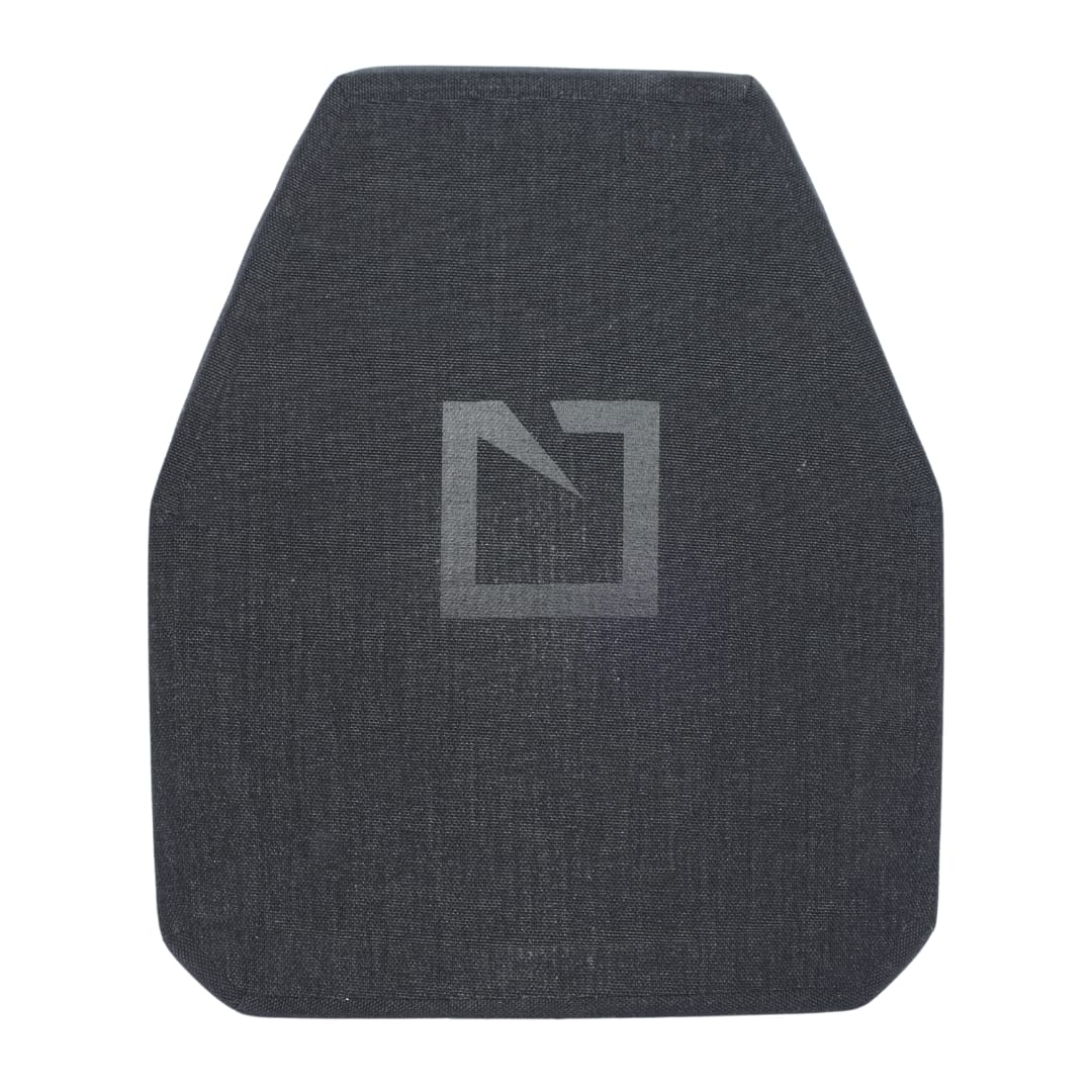 A single, dark gray, rectangular Hesco RF3-400 Special Threat Plate with slightly angled top corners and a subtle geometric logo in the center. Constructed from lightweight ceramic/composite armor by Hesco, this plate offers light AP protection. The background is plain white.