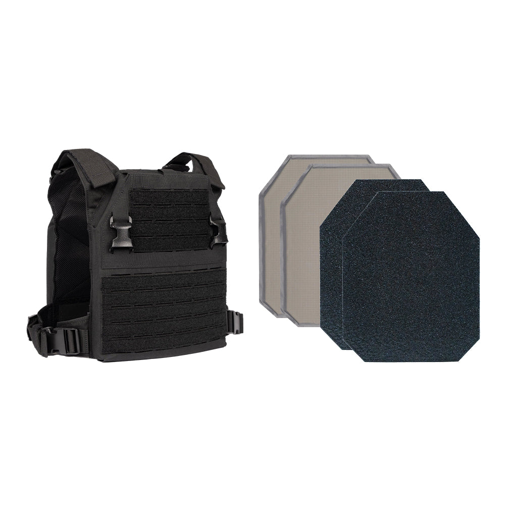 A black Fortis Alpha Carrier is shown on the left, with three Premier Body Armor AR1000 Level III+ Loadouts stacked on the right, each featuring a rectangular shape with trimmed corners.