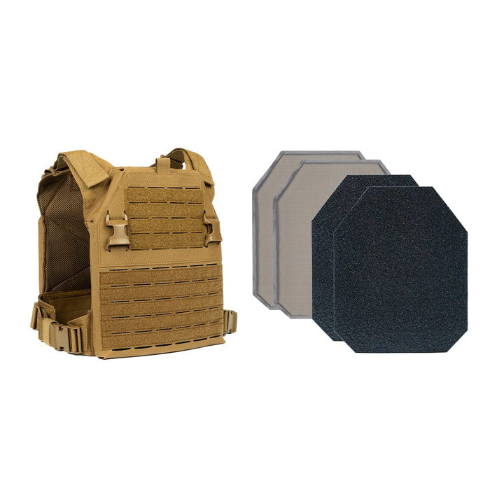 Positioned on the left is a tan Fortis Alpha Carrier tactical vest, with three slightly overlapping Premier Body Armor AR1000 Level III+ Loadout plates in black, gray, and dark gray complementing the vest's multiple compartments and secure strap fastenings.