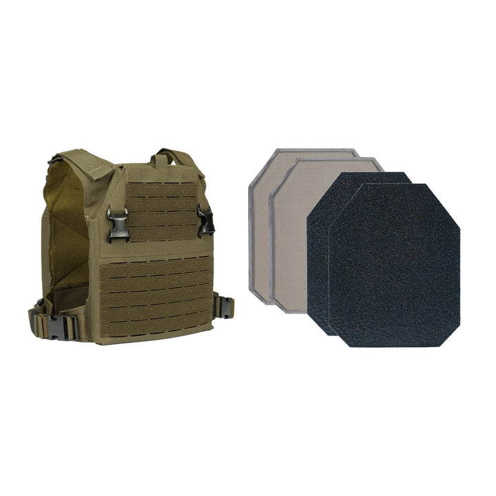 The Premier Body Armor AR1000 Level III+ Loadout showcases a green tactical vest with the Fortis Alpha Carrier, featuring strap fasteners and horizontal loops, alongside three rectangular Highcom AR1000 Guardian Steel Plates in different colors for snug protection within the vest.