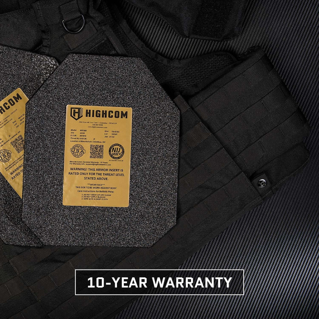 The Premier Body Armor Highcom AR1000 Guardian Level III+ Plate, NIJ 0101.06 Certified, features specifications, logo on a textured surface, safety/testing info, and text stating "10-Year Warranty.