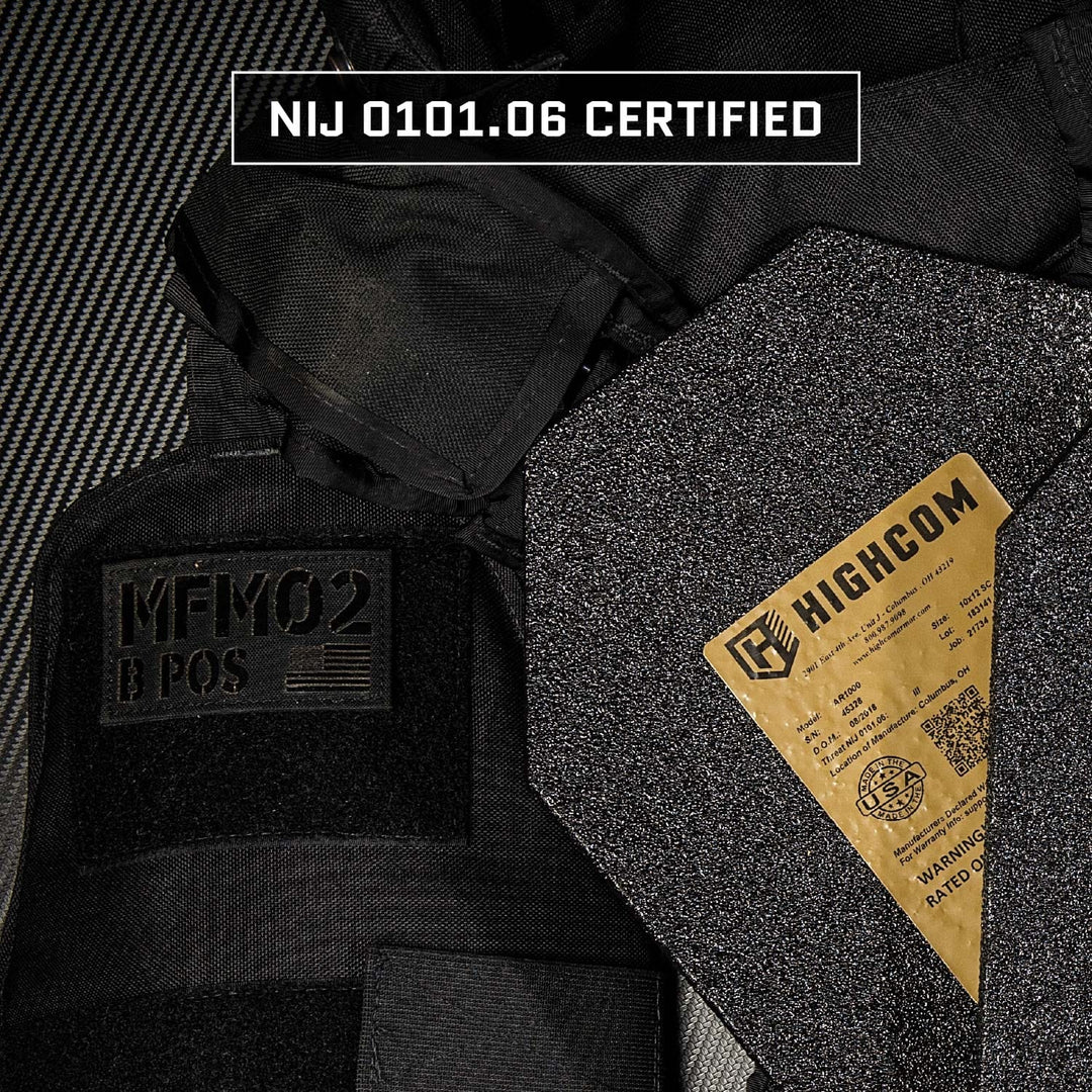 Close-up of a ballistic vest with text patches "MFM02" and "B POS," featuring the Highcom AR1000 Guardian Level III+ Plate by Premier Body Armor. The plate shows NIJ certification details with Anti-Spall Coating. Caption confirms "NIJ 0101.06 CERTIFIED.