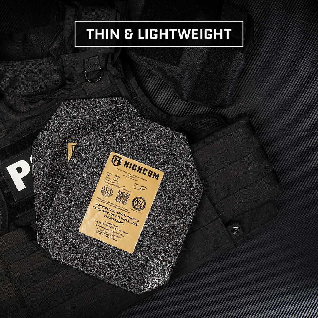 Two Highcom AR1000 Guardian Level III+ Steel Plates with labels are displayed on a black tactical vest by Premier Body Armor, featuring striking "POLI" on a front patch. A "Thin & Lightweight" label highlights the plate's advanced design against the sleek, dark textured background.