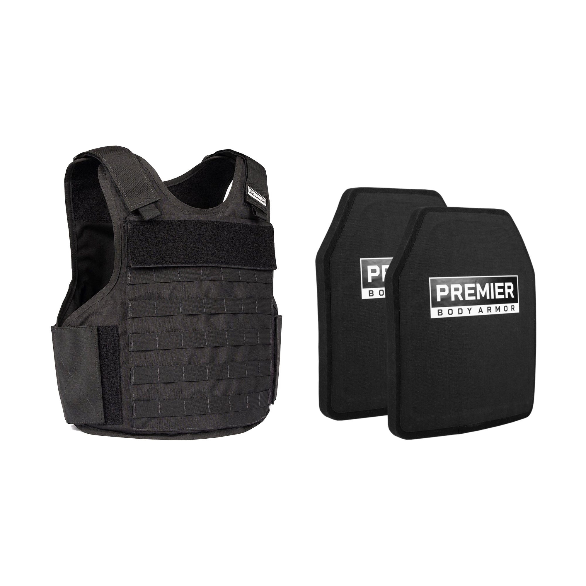 The Premier Body Armor Adaptable Response Loadout, a black tactical vest with adjustable straps, is shown with two Fortis III+ ICW Plates labeled "Premier Body Armor." It features multiple rows of MOLLE webbing for versatile customization.