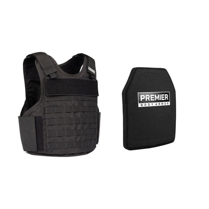 The Adaptable Response Loadout by Premier Body Armor is a black Hybrid Tactical Vest with adjustable straps and a grid-like pattern, shown with the rectangular black Fortis III+ ICW Plate. Both are expertly crafted for superior tactical defense.