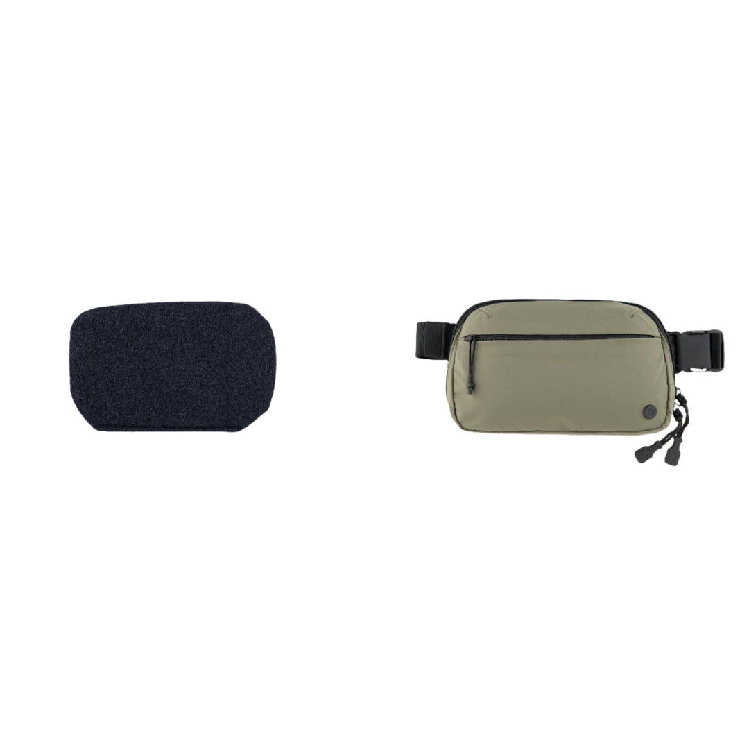 A black textured rectangular pouch is placed next to the Armored Vertx Everyday Fanny Pack Bundle by Vertx/Premier, a waist bag in Mountain Sage with a front zipper pocket and adjustable strap, set against a pristine white background.