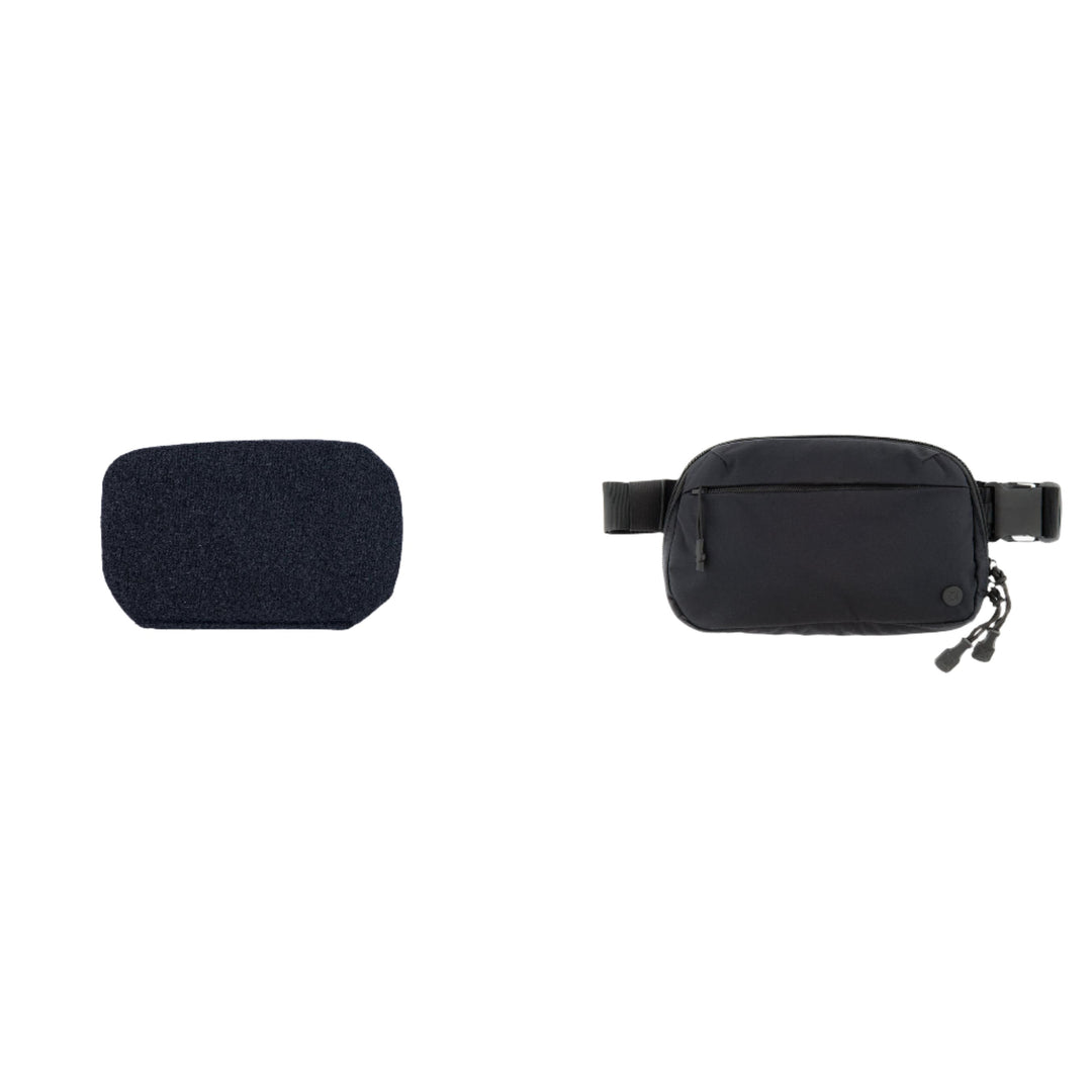 On the left is a rectangular, dark blue fabric pouch, and on the right is a black Armored Vertx Everyday Fanny Pack Bundle by Premier Body Armor featuring a front zipper pocket and adjustable strap. Both items are isolated on a white background. For added protection, consider adding a Level IIIA insert to the fanny pack.