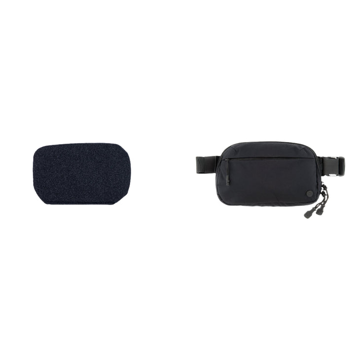 On the left is a rectangular, dark blue fabric pouch, and on the right is a black Armored Vertx Everyday Fanny Pack Bundle by Premier Body Armor featuring a front zipper pocket and adjustable strap. Both items are isolated on a white background. For added protection, consider adding a Level IIIA insert to the fanny pack.