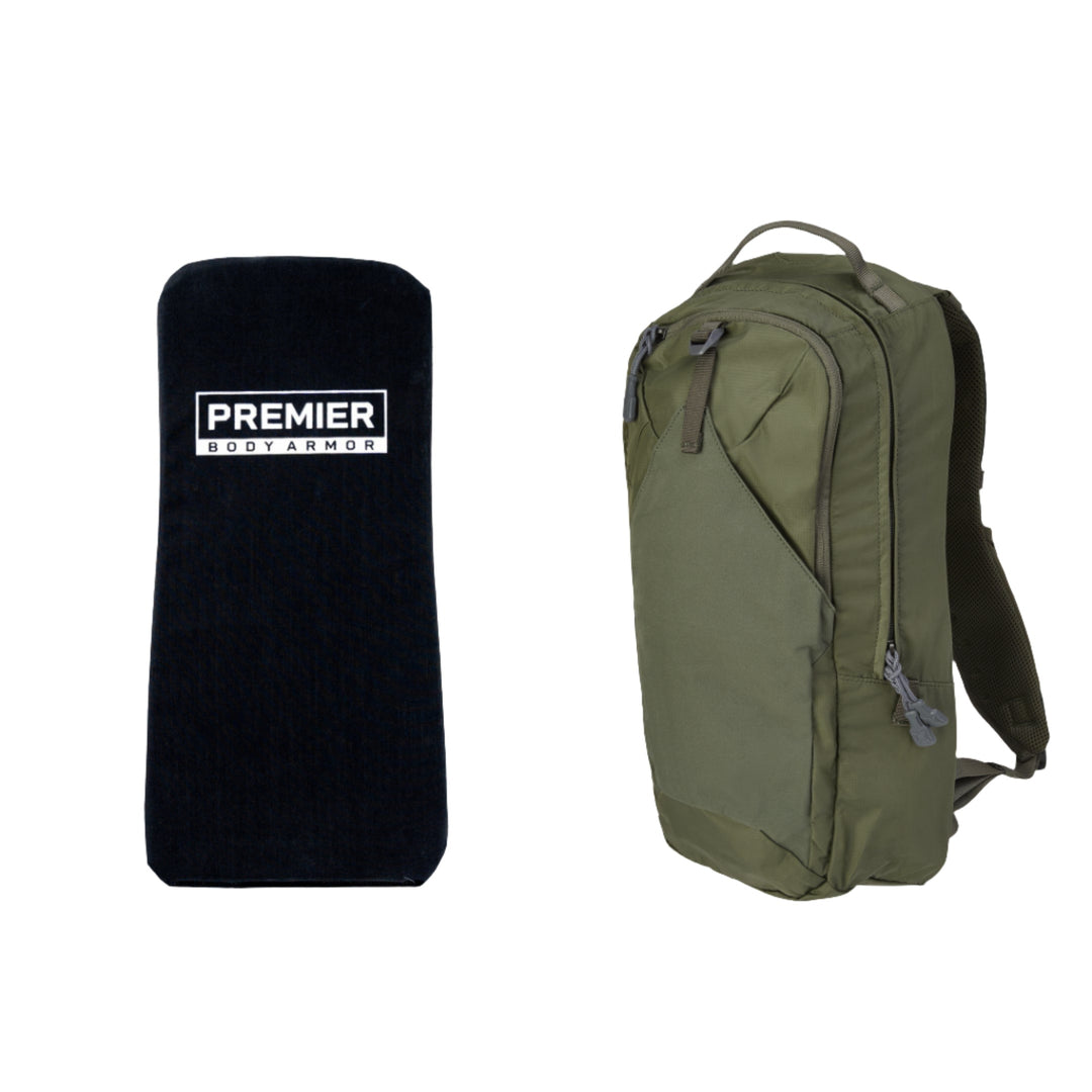 A rectangular body armor panel labeled "Premier Body Armor" is positioned to the left of an Armored Vertx Long Walks 15L Pack Bundle. The backpack, branded as Vertx/Premier, features multiple zippered compartments, adjustable shoulder straps, and a carrying handle at the top, integrating a Level IIIA backpack body armor ballistic insert.