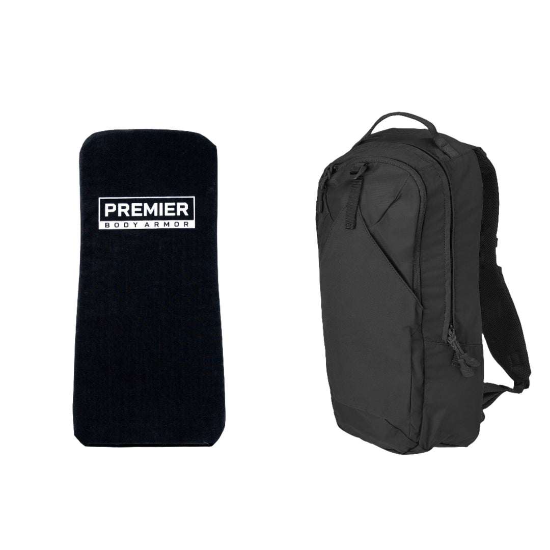 An image showcases the Armored Vertx Long Walks 15L Pack Bundle, with a ballistic insert from Premier Body Armor on the left and a Vertx Long Walk 15L Pack on the right. The armor panel is branded "PREMIER BODY ARMOR," while the backpack features multiple compartments and padded shoulder straps for enhanced comfort.