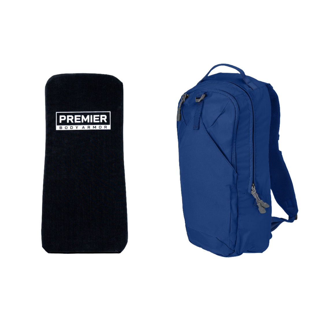 A black rectangular piece of body armor labeled "PREMIER BODY ARMOR" is shown next to a blue Vertx/Premier Armored Vertx Long Walks 15L Pack with zippers and shoulder straps, equipped with Level IIIA Backpack Body Armor for enhanced protection.