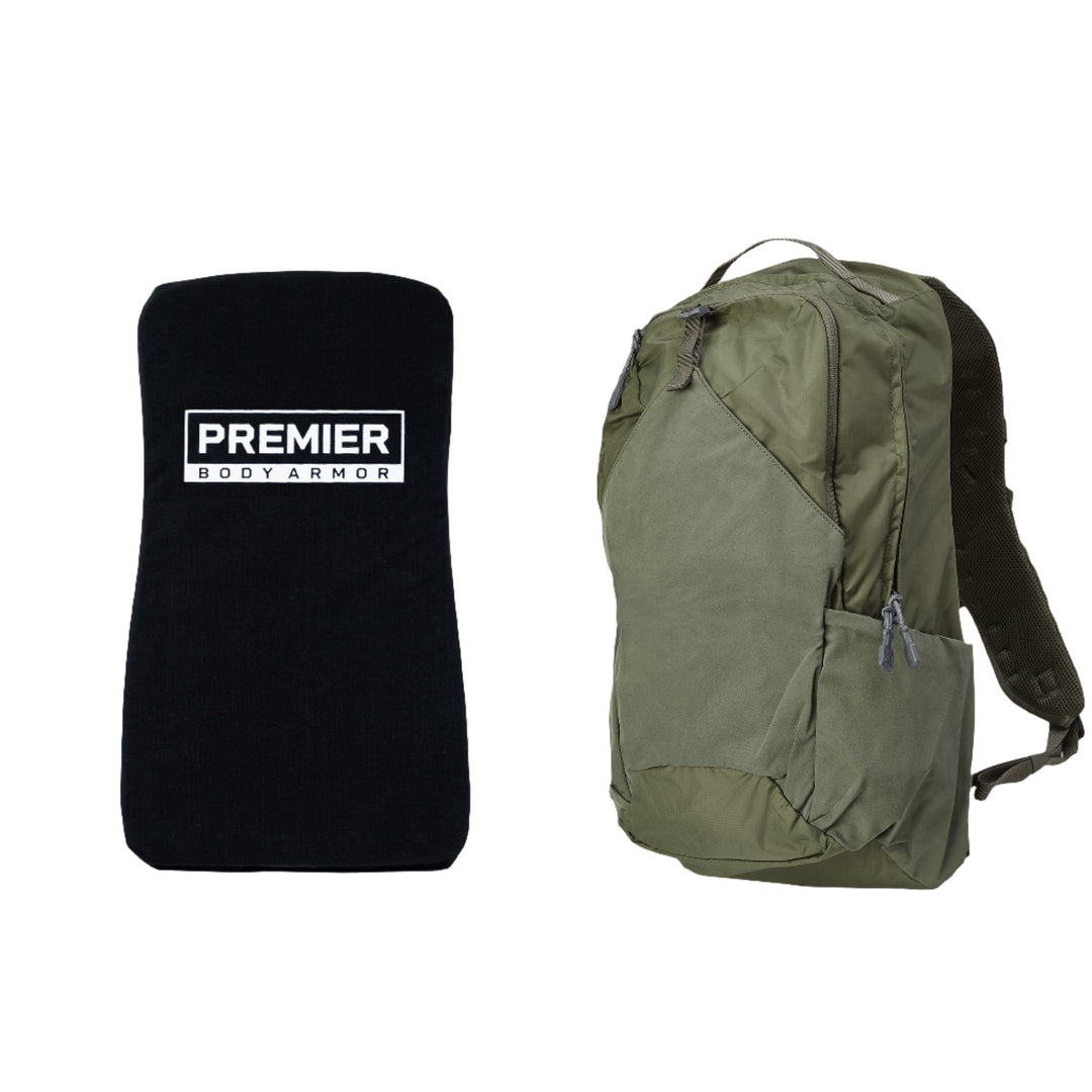 An image shows two items side by side: on the left is a black rectangular object labeled "Premier Body Armor" in white text, and on the right is an Armored Vertx Long Walk 28L Pack Bundle, a green backpack with multiple compartments and padded shoulder straps designed for Level IIIA ballistic protection.