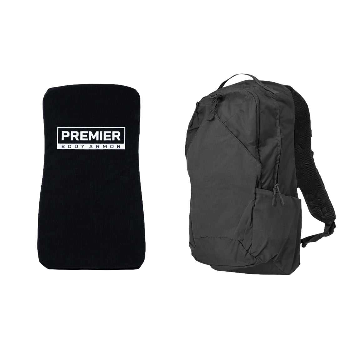 The image shows a Vertx/Premier Armored Vertx Long Walks 28L Pack Bundle, which includes a black rectangular Level IIIA backpack body armor plate with "Premier Body Armor" written on it in white text. The ballistic protection backpack features a front pocket, a side pocket, and padded shoulder straps.