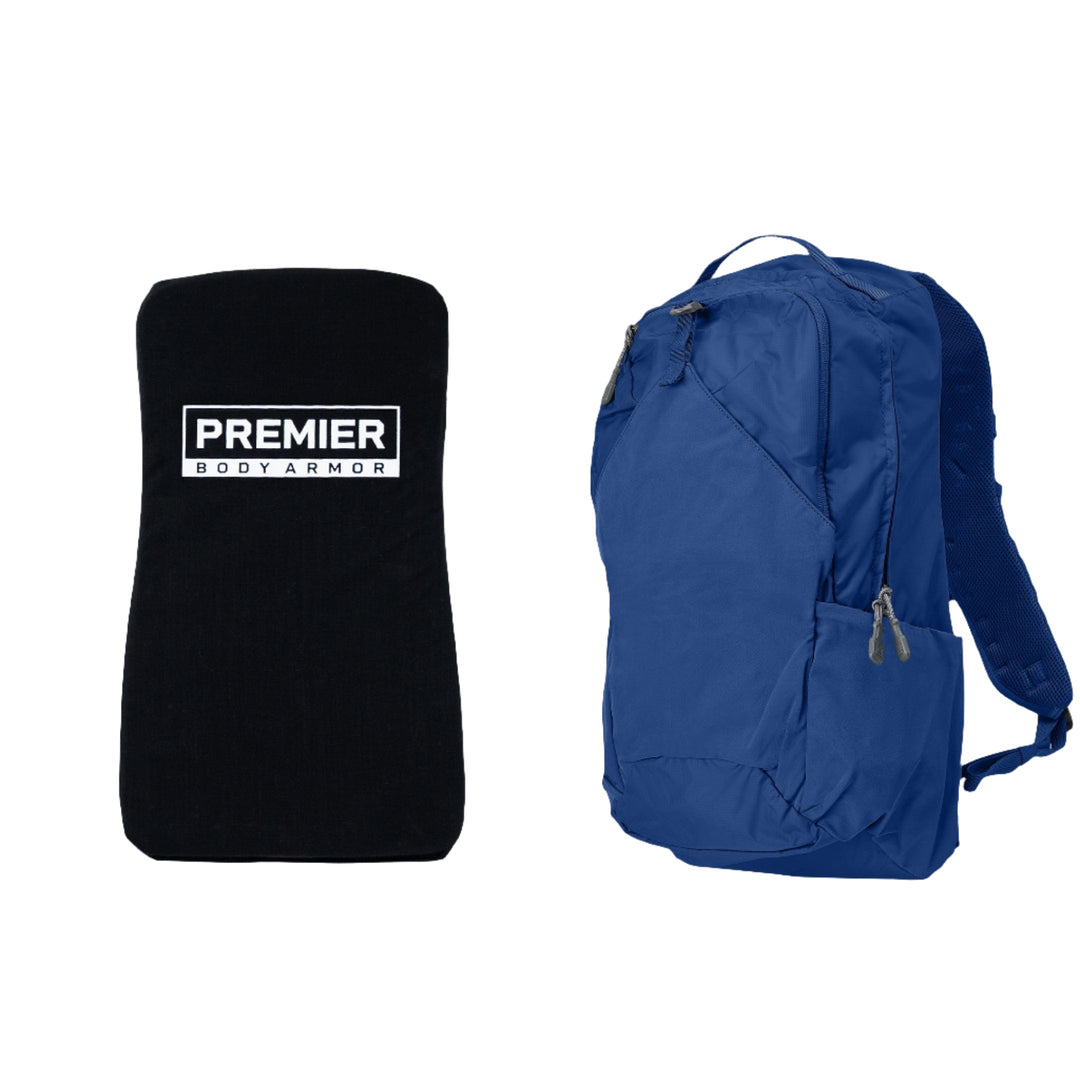 A rectangular black body armor insert with the text "Premier Body Armor" comes alongside a blue Vertx Long Walk 28L Pack featuring multiple compartments and adjustable shoulder straps, offering Level IIIA ballistic protection in the Armored Vertx Long Walks 28L Pack Bundle by Vertx/Premier.