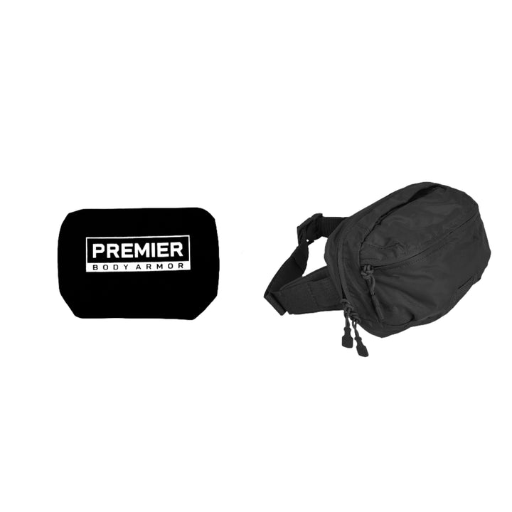 On the left side of the image is a black body armor plate labeled "Premier Body Armor," while on the right side, there is a black Vertx MP Waist Pack featuring zippered compartments. Both items are part of the Armored Vertx MP Waist Pack Bundle by Vertx/Premier and are ideal for integrating ballistic inserts or Level IIIA Backpack Body Armor. They are displayed on a white background.