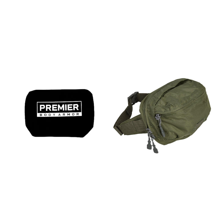 An image of the Armored Vertx MP Waist Pack Bundle from Vertx/Premier, featuring a green waist pack with strap and buckle. The waist pack showcases multiple zippered compartments and is pictured alongside Premier Body Armor, making it perfect for carrying Level IIIA Backpack Body Armor or ballistic inserts.