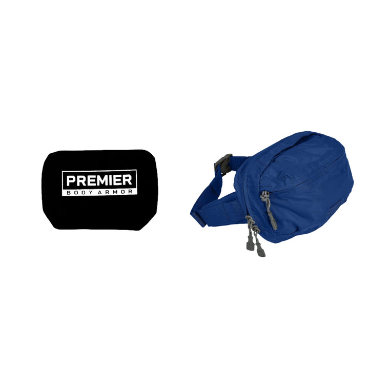 On the left, there is a black body armor plate with "Premier Body Armor" written in white, featuring Level IIIA Backpack Body Armor. On the right is a blue Vertx MP Waist Pack with zippers. Both items are part of the Armored Vertx MP Waist Pack Bundle by Vertx/Premier and are set against a plain white background.