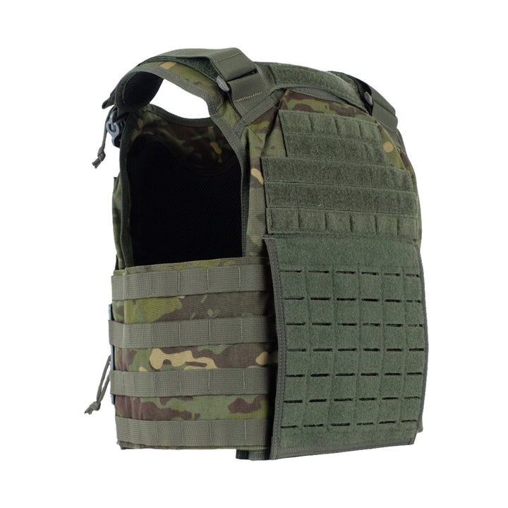 Image of multicam tropic core plate carrier. Designed to fit bulletproof vest plates. 