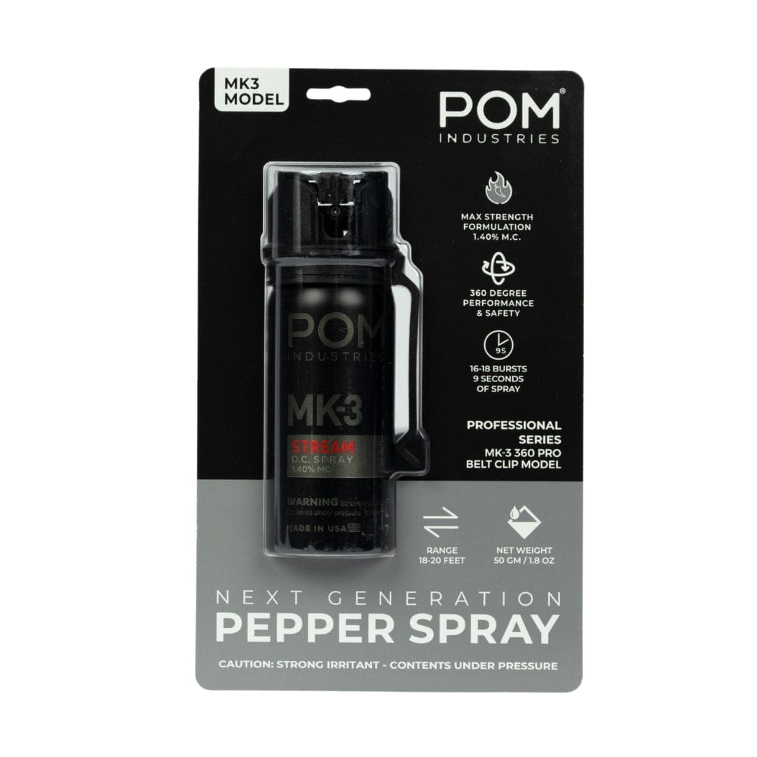 The POM MK-3 Pepper Spray by POM features a black canister with a red label, offering max strength, 360° deployment, 16 bursts, and an 18-20 ft range for effective self-defense.