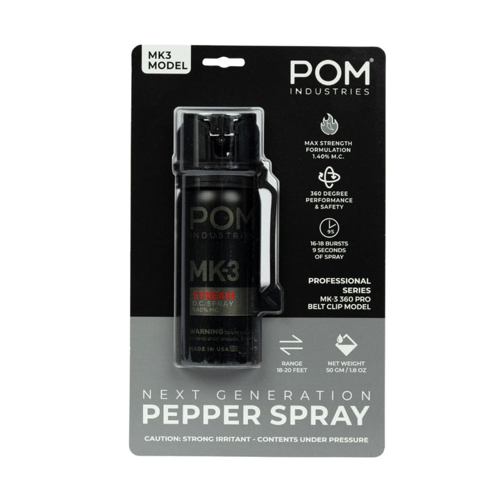 The POM MK-3 Pepper Spray by POM features a black canister with a red label, offering max strength, 360° deployment, 16 bursts, and an 18-20 ft range for effective self-defense.