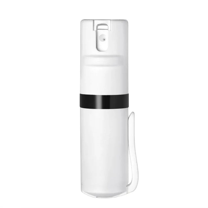 The POM Clip Pepper Spray by POM, a compact white plastic spray bottle with a black horizontal band and side clip for EDC self-defense, is shown against a plain white background.