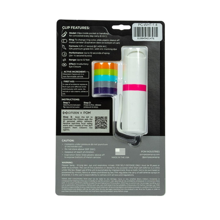 The POM Clip Pepper Spray by POM is a white cylindrical self-defense tool with a pink stripe, including five multi-colored clips, presented on a black card detailing instructions, features, ingredients, and safety warnings.