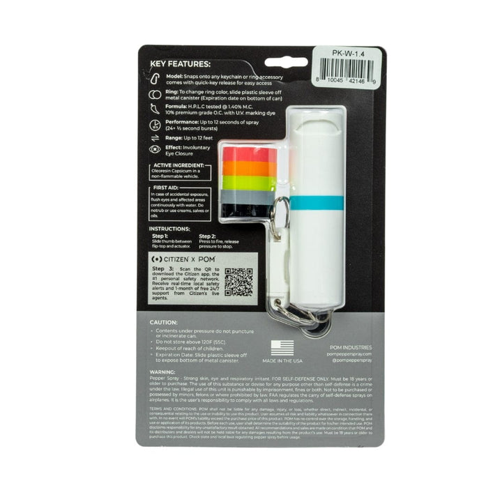 The POM Keychain Pepper Spray by POM is a white, cylindrical canister with a turquoise stripe and quick-release keychain. Its package features a multi-colored label with product features and instructions on the back.