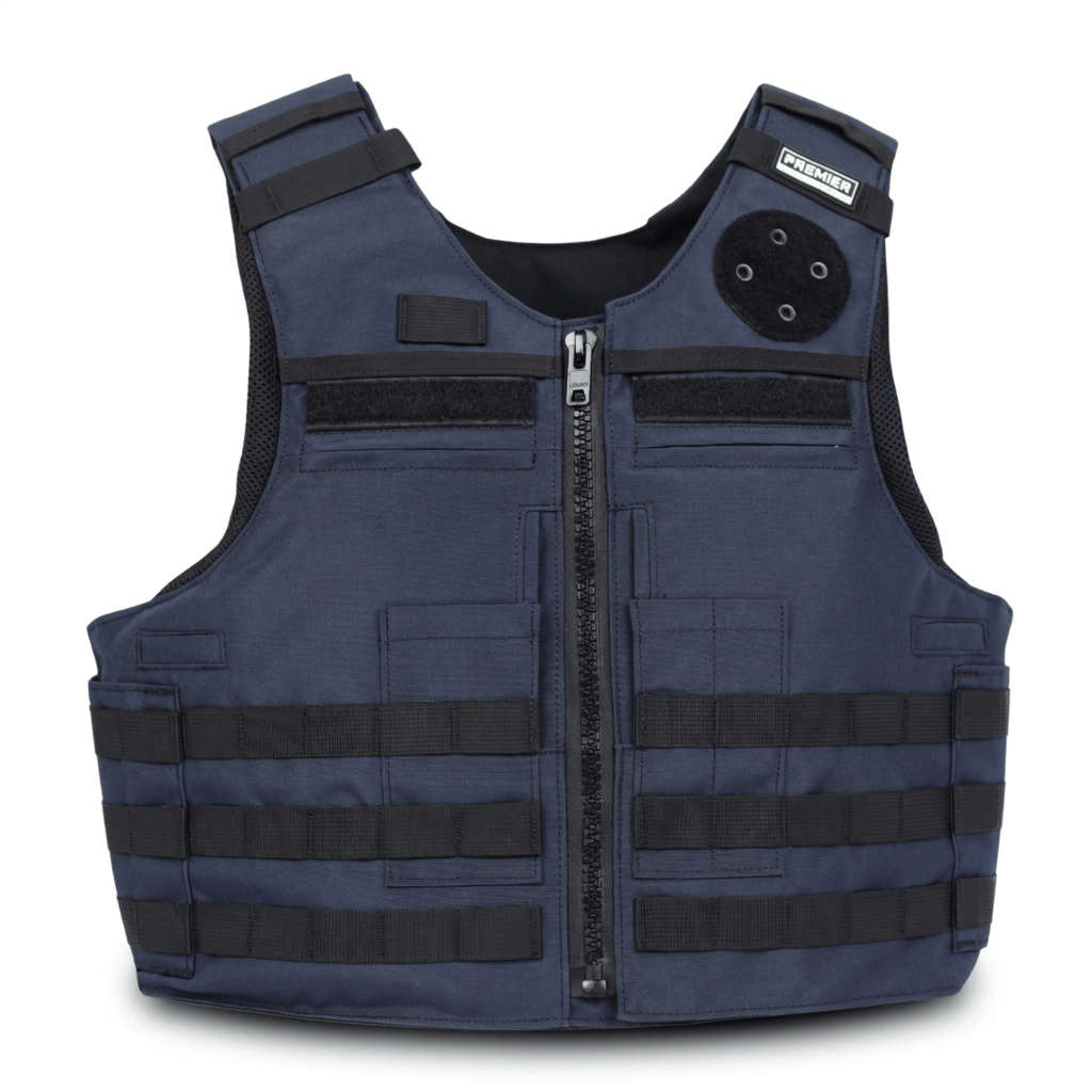 A navy blue tactical vest with black webbing, a front zipper, and multiple utility pockets, shown against a plain white background.