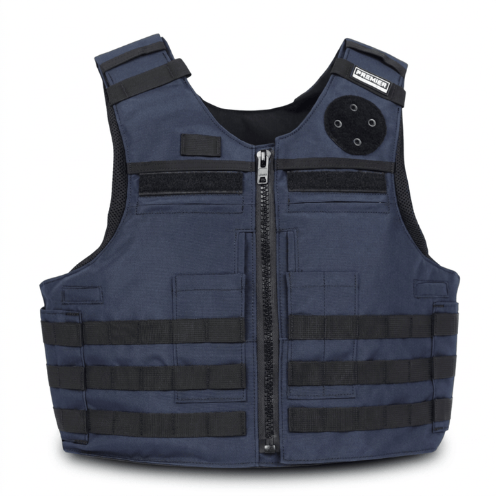 A navy blue tactical vest with black webbing, a front zipper, and multiple utility pockets, shown against a plain white background.