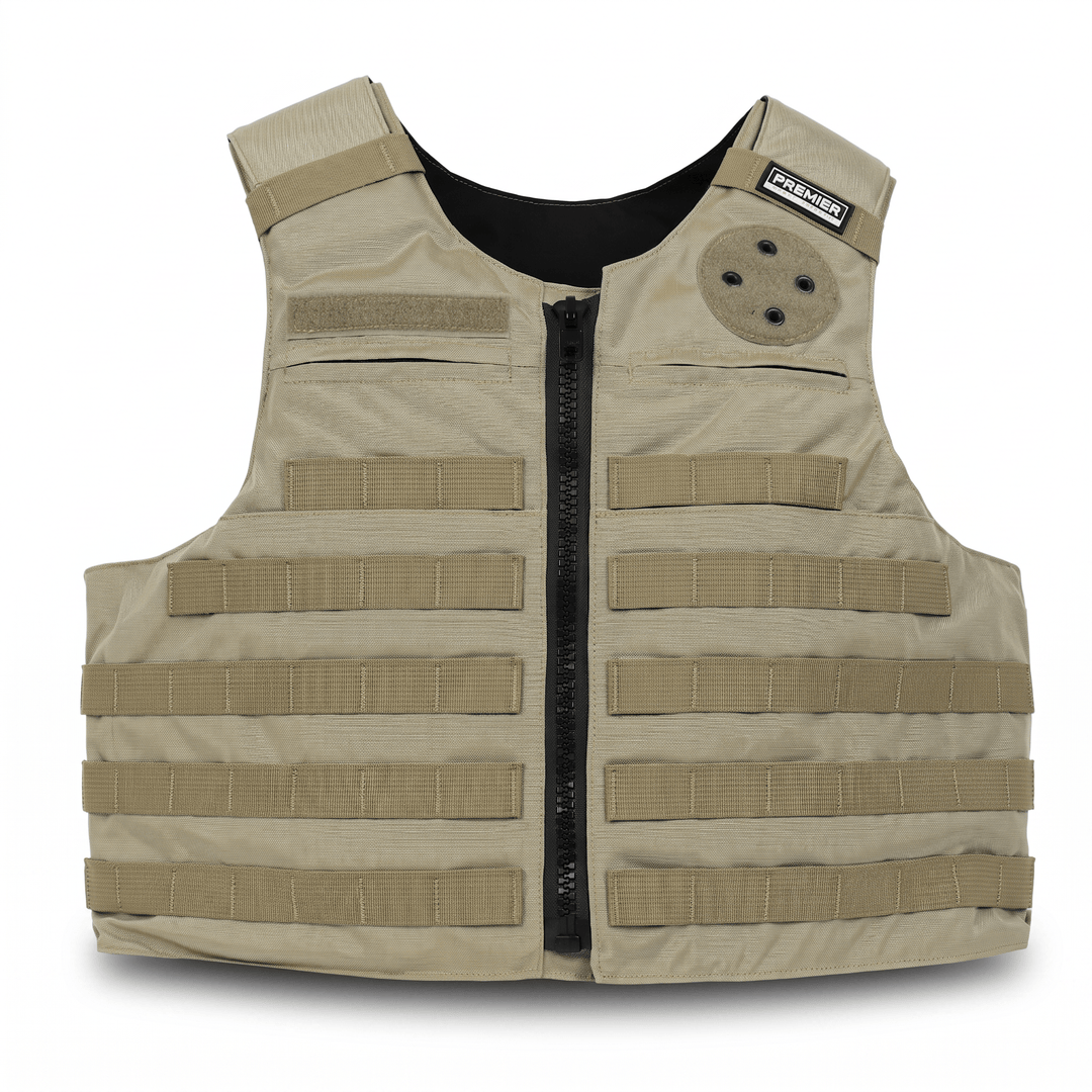 The Premier Body Armor Patrol Alpha is a tan patrol vest with MOLLE-compatible horizontal webbing, a front zipper, Velcro patches, and a circular attachment on the upper right chest area, shown against a white background.