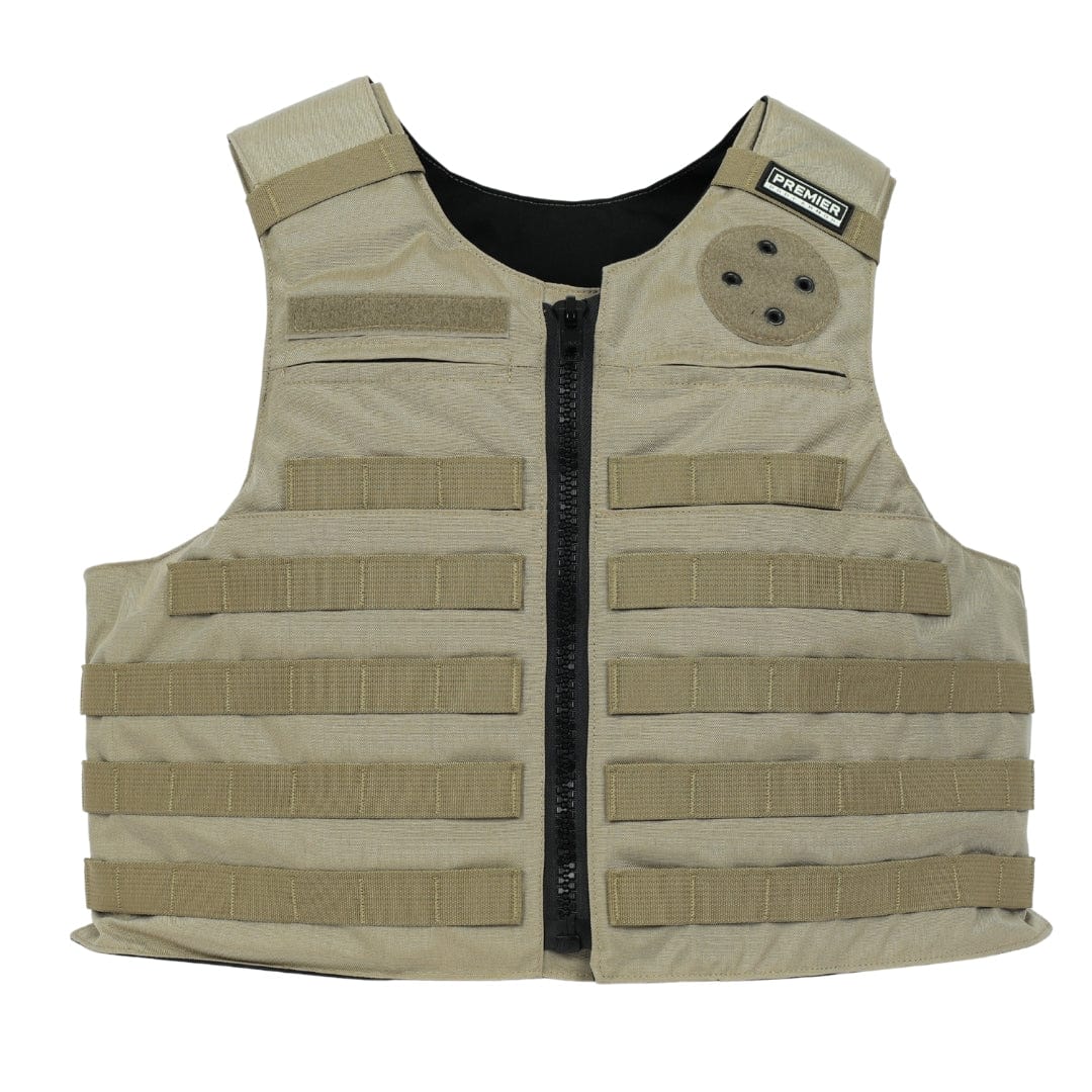 The Premier Body Armor Patrol Alpha is a tan patrol vest featuring horizontal MOLLE for modular attachments, a front zipper, a small velcro patch at the top, and a round four-hole patch on the upper right chest.