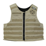 The Premier Body Armor Patrol Alpha is a tan patrol vest featuring horizontal MOLLE for modular attachments, a front zipper, a small velcro patch at the top, and a round four-hole patch on the upper right chest.