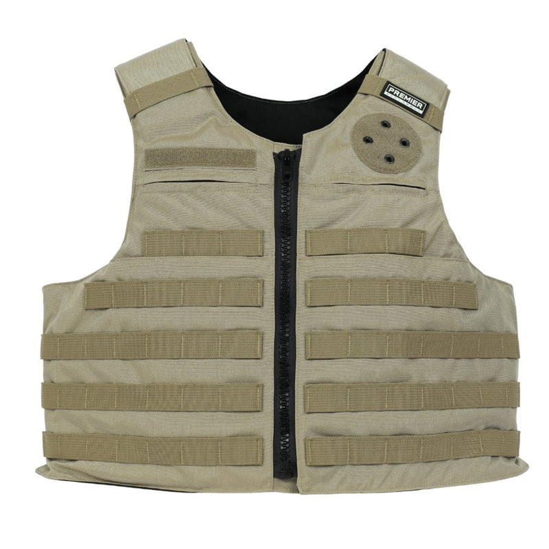The Premier Body Armor Patrol Alpha is a tan patrol vest featuring horizontal MOLLE for modular attachments, a front zipper, a small velcro patch at the top, and a round four-hole patch on the upper right chest.