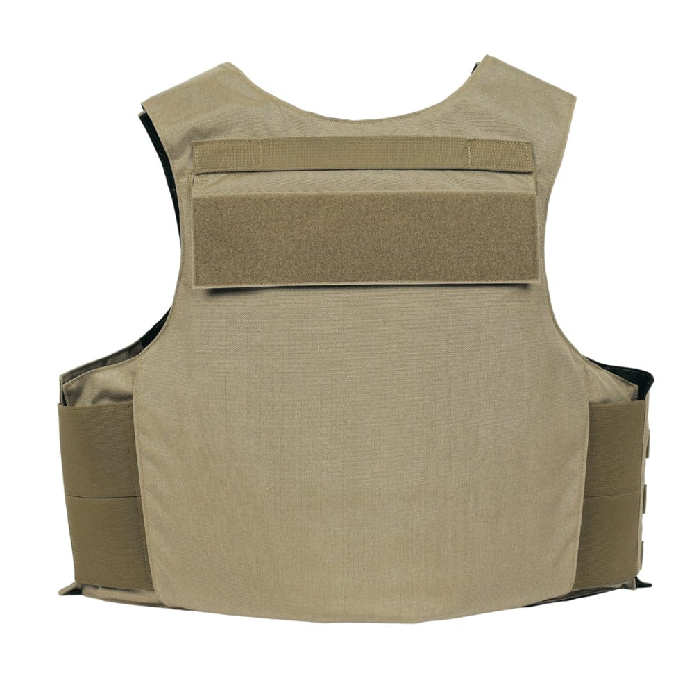 The Premier Body Armor Patrol Alpha vest is shown from the back in tan, with wide shoulder straps, side panels, MOLLE webbing, and a large rectangular Velcro patch near the upper center.