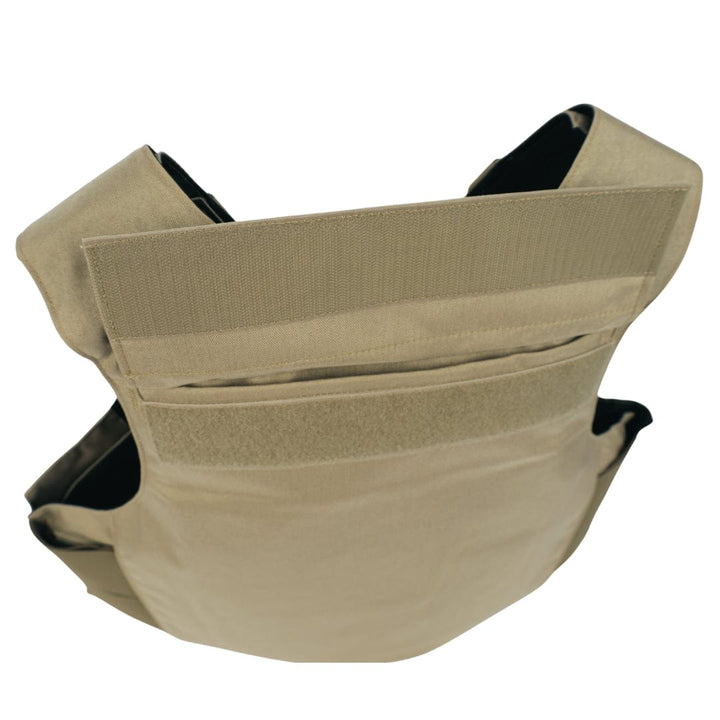 The Premier Body Armor Patrol Alpha is a tan Level IIIA soft armor vest featuring reinforced shoulder straps, MOLLE integration, and a large Velcro panel on the upper front, shown against a plain white background.