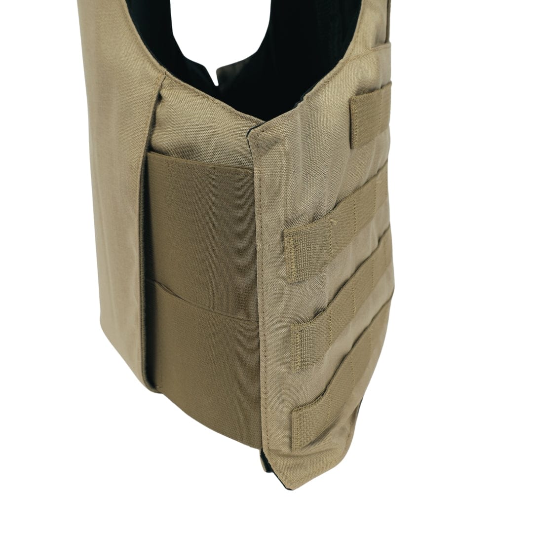 Premier Body Armor Patrol Alpha vest in tan, featuring side MOLLE integration and Velcro flap, shown partially open against a white background. Compatible with Level IIIA soft armor for advanced protection.