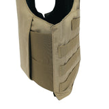 Premier Body Armor Patrol Alpha vest in tan, featuring side MOLLE integration and Velcro flap, shown partially open against a white background. Compatible with Level IIIA soft armor for advanced protection.