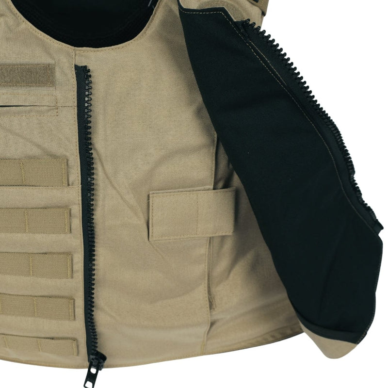A close-up of the Premier Body Armor Patrol Alpha tan patrol vest shows its partially unzipped front, revealing a black lining. The vest features multiple external pockets, MOLLE webbing, and a hook-and-loop fastener on the front.
