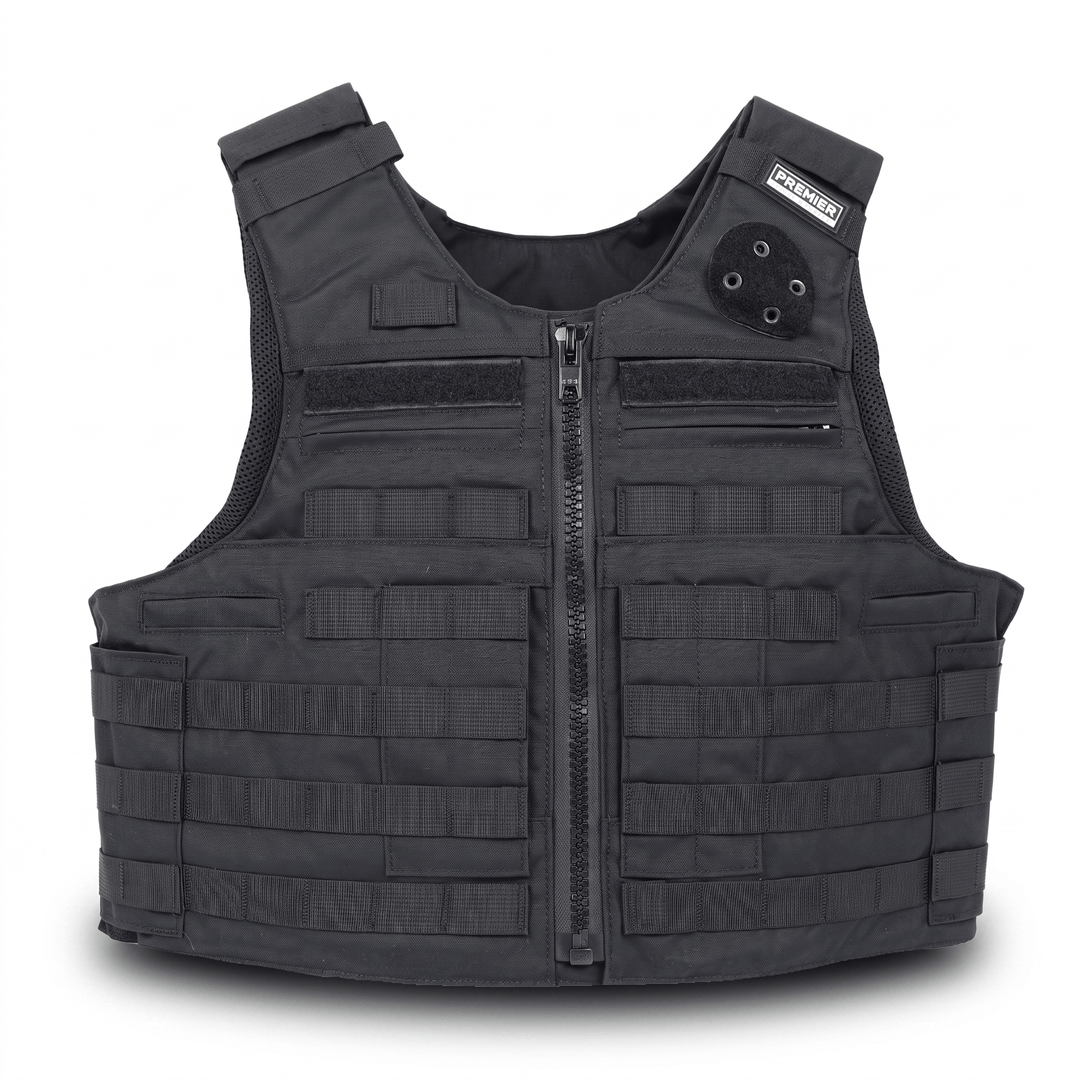 Premier Body Armor’s Patrol Charlie is a black tactical bulletproof vest featuring multiple rows of horizontal MOLLE webbing, a front zipper, and reinforced shoulder straps, displayed against a white background.