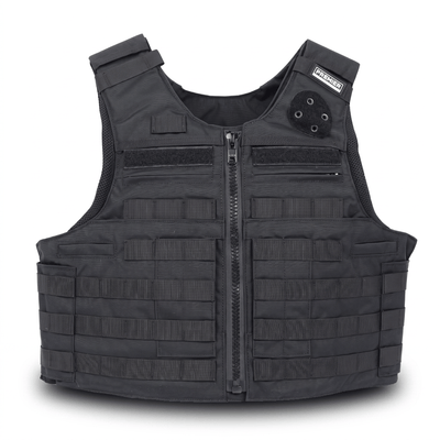 Premier Body Armor’s Patrol Charlie is a black tactical bulletproof vest featuring multiple rows of horizontal MOLLE webbing, a front zipper, and reinforced shoulder straps, displayed against a white background.